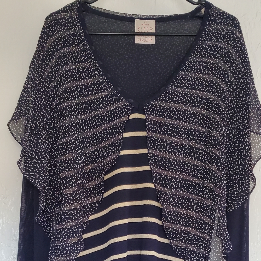 LE MAGLIE PIANO PIANO DOLCE CARLOTTA Long Sleeved Nazy Blue Striped Heart Tunic